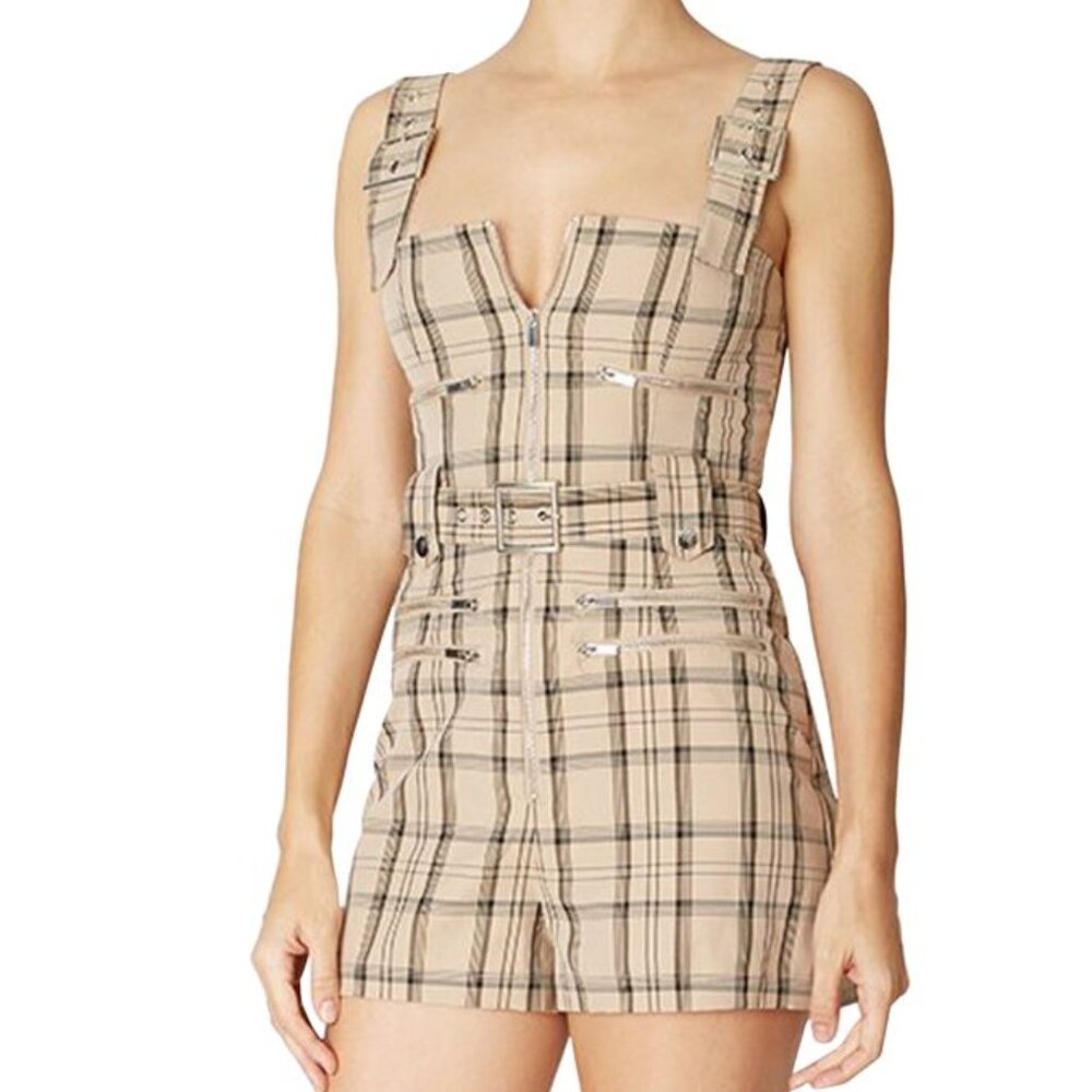 WeWoreWhat Beige and Black Plaid Jumpsuit